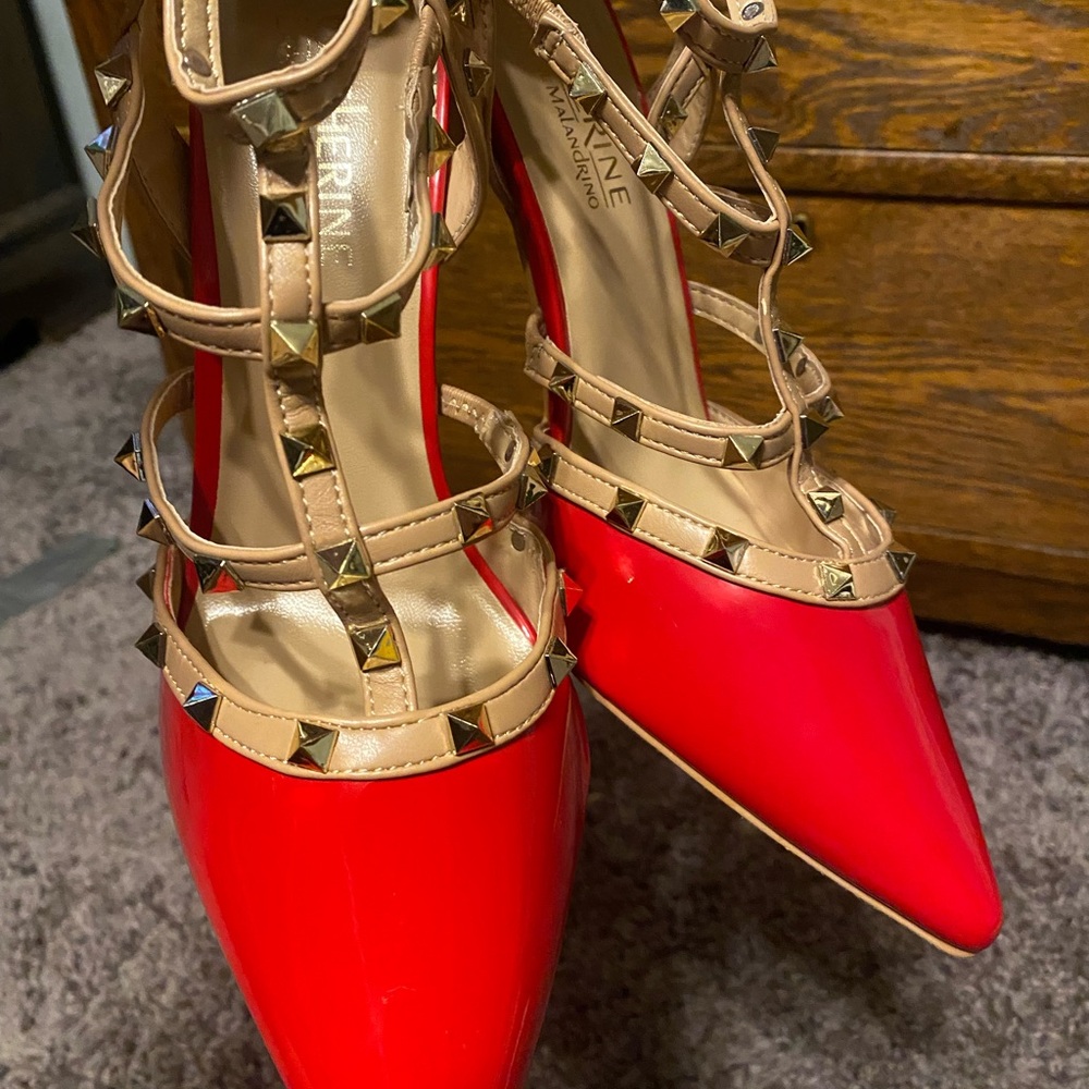 Catherine Malandrino Red Patent Heels with Studded Straps